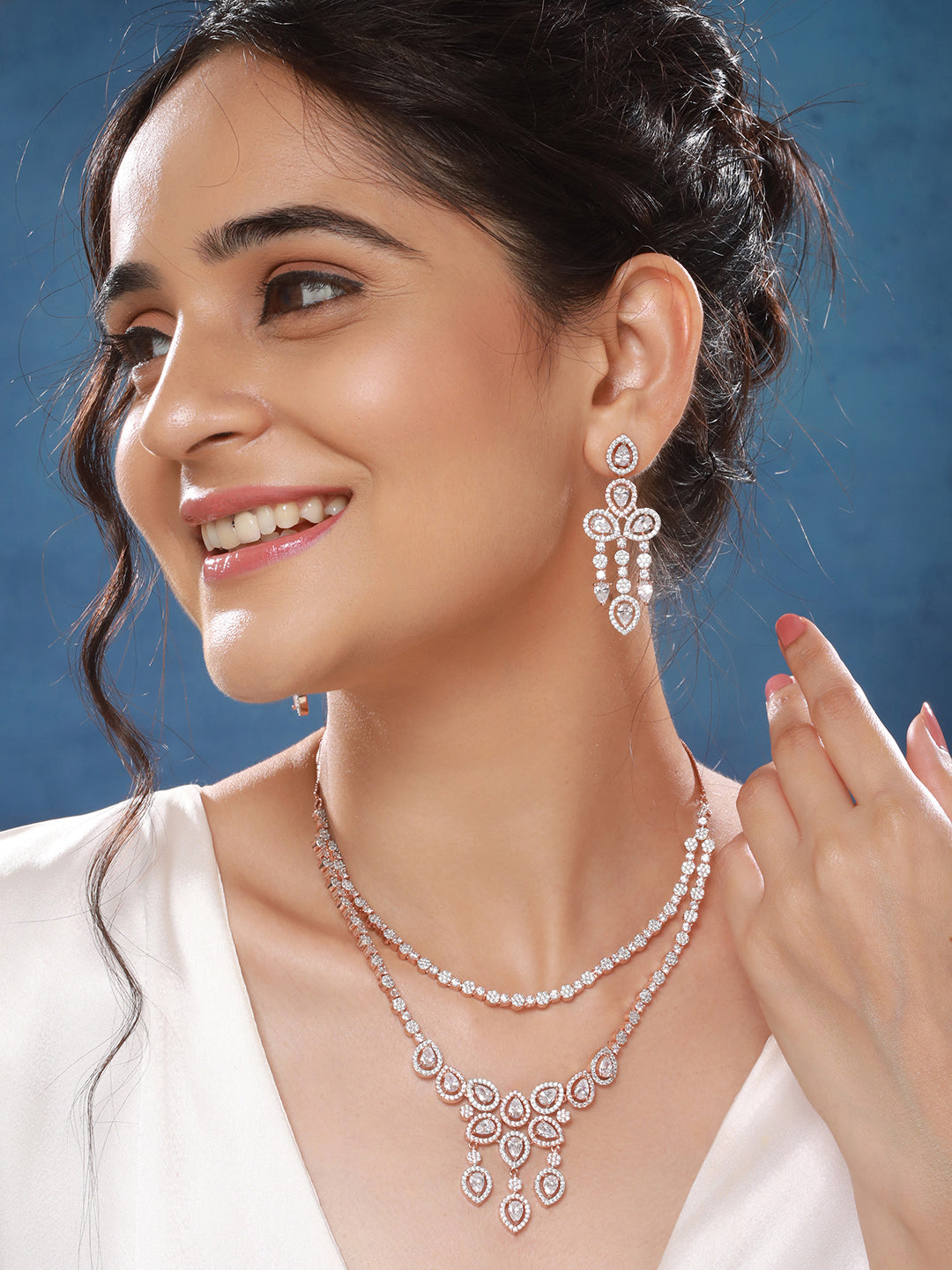 Rose Gold Toned Zircon Studded 2 - Lined Layered  Statement Necklace Jewellery Set